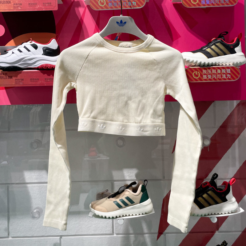 阿迪达斯三叶草女子2025新款水洗系列休闲短款圆领长袖T恤 JD0013