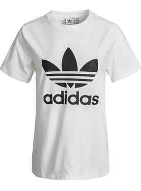 阿迪达斯三叶草女装2024春款经典LOGO圆领短袖休闲运动T恤 GN2899