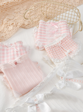 粉白色日系可爱蝴蝶结格纹少女内裤简约纯棉裆透气中腰三角裤甜美