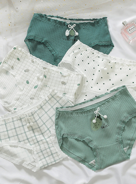 日系清新绿色纯棉少女内裤可爱蝴蝶结毛球装饰中腰格子学生三角裤