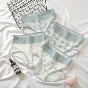格子中高腰包臀可爱少女内裤纯棉蓝色宽边透气大码舒适女生三角裤