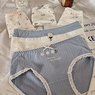 蓝白小碎花内裤 女生学院风甜美蝴蝶结蕾丝边纯棉抗菌棉裆三角裤