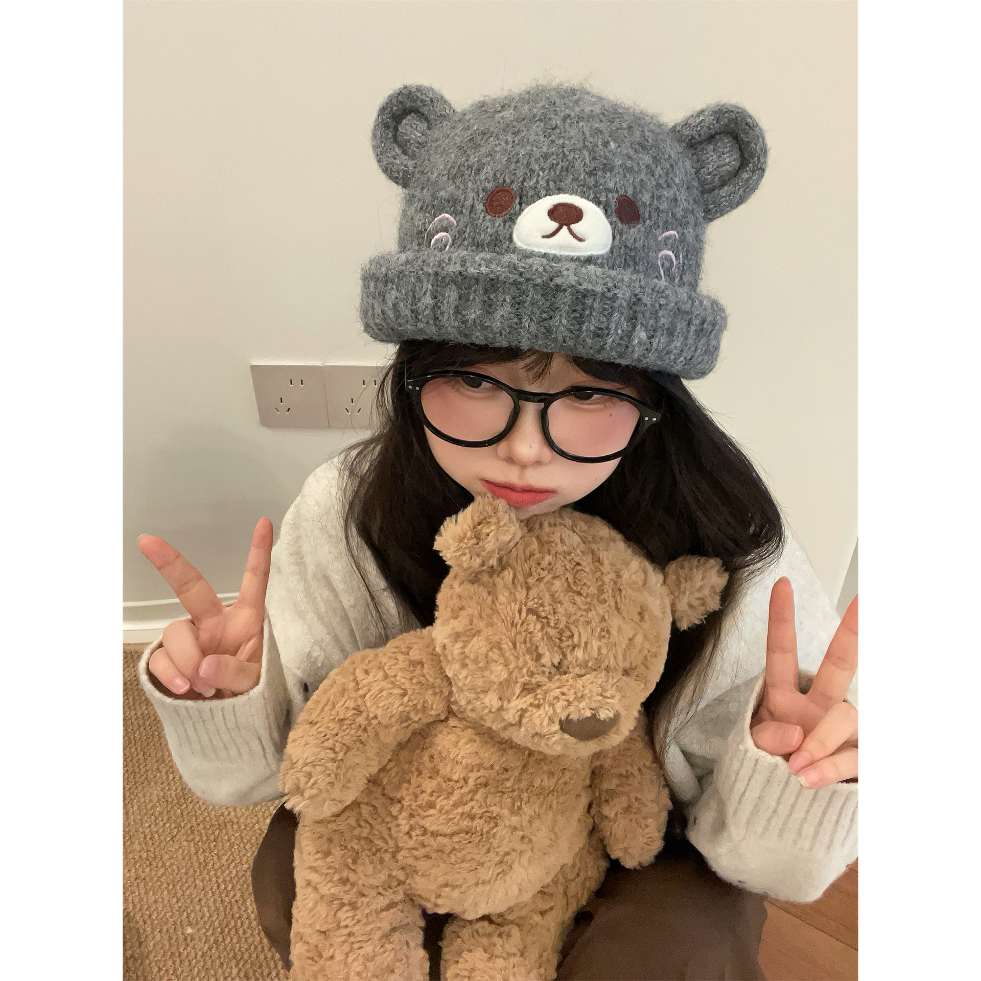 小熊耳朵百搭护耳保暖防风毛线帽