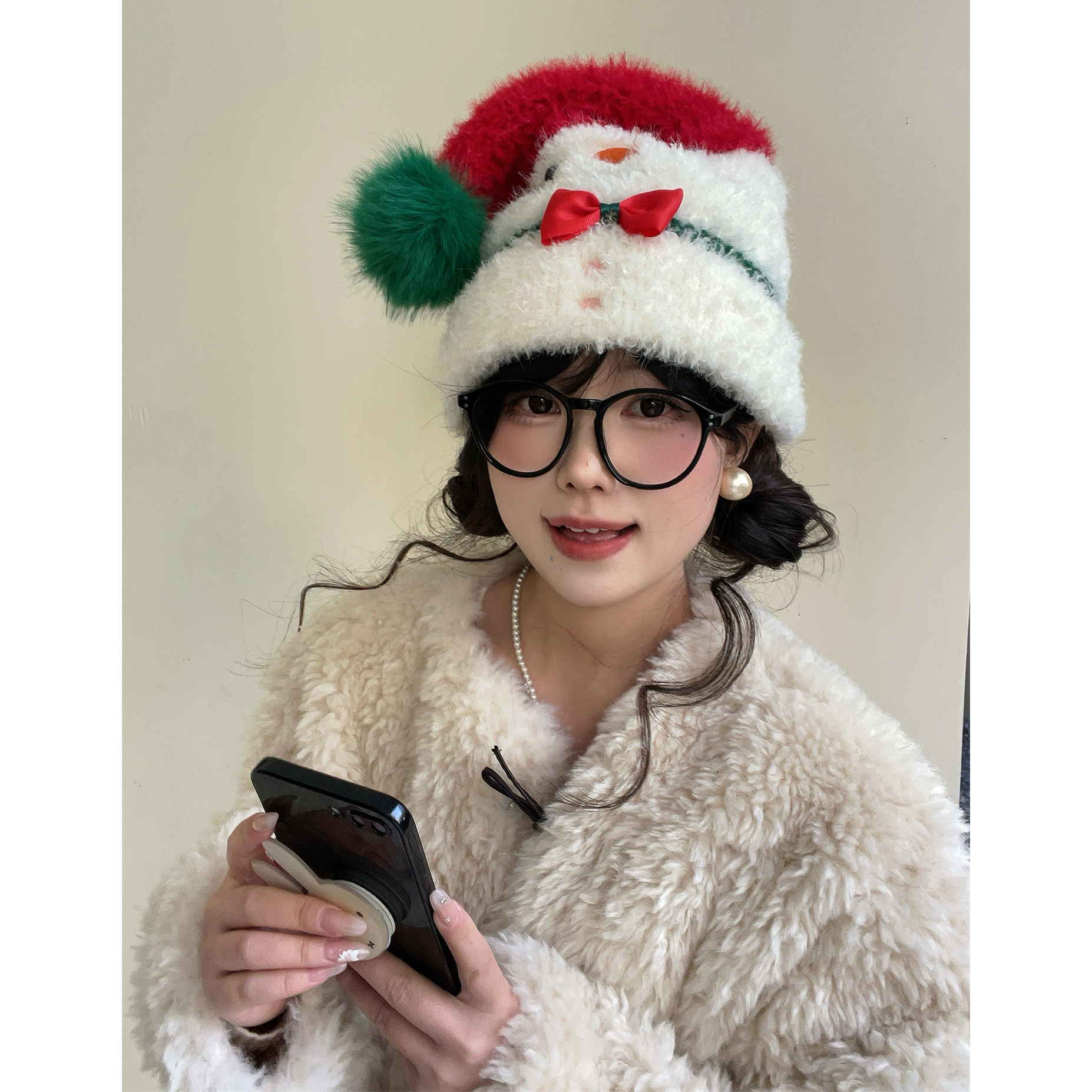 可爱圣诞老人雪人加绒套头帽女冬季保暖新年红色过节礼物拍照道具