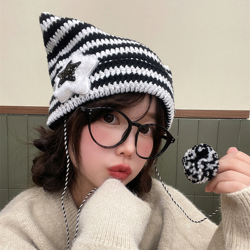 亚比风手工小恶魔条纹针织毛线帽子女猫咪耳朵可爱保暖护耳套头帽