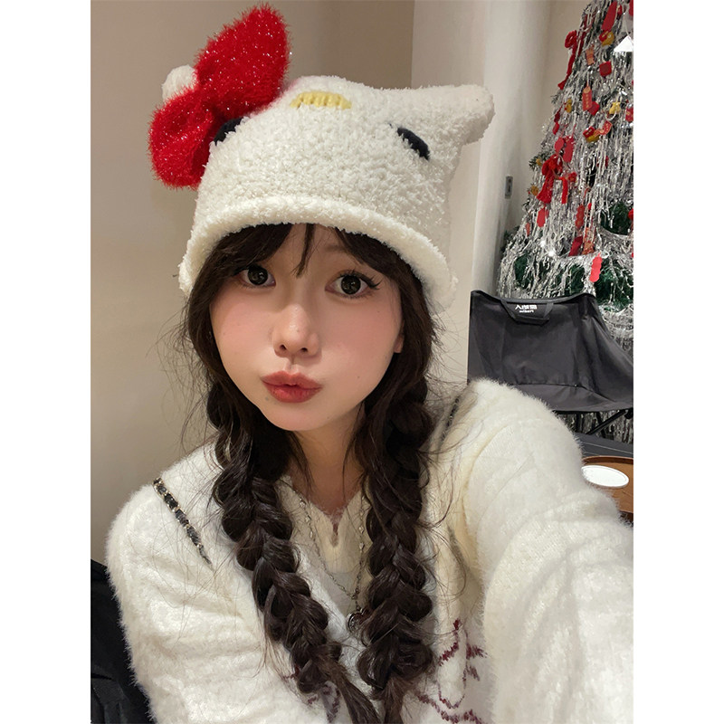 可爱红色蝴蝶结猫咪针织套头帽女秋冬加厚保暖毛绒帽显脸小套头帽