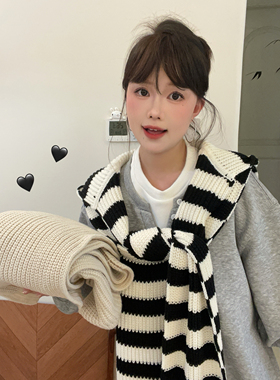 秋冬条纹针织连帽披肩卫衣外搭女
