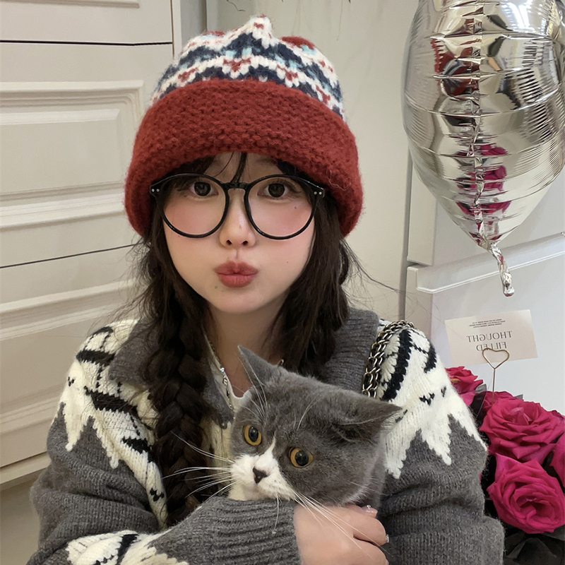 毛线帽逛街休闲女冬美拉德花纹