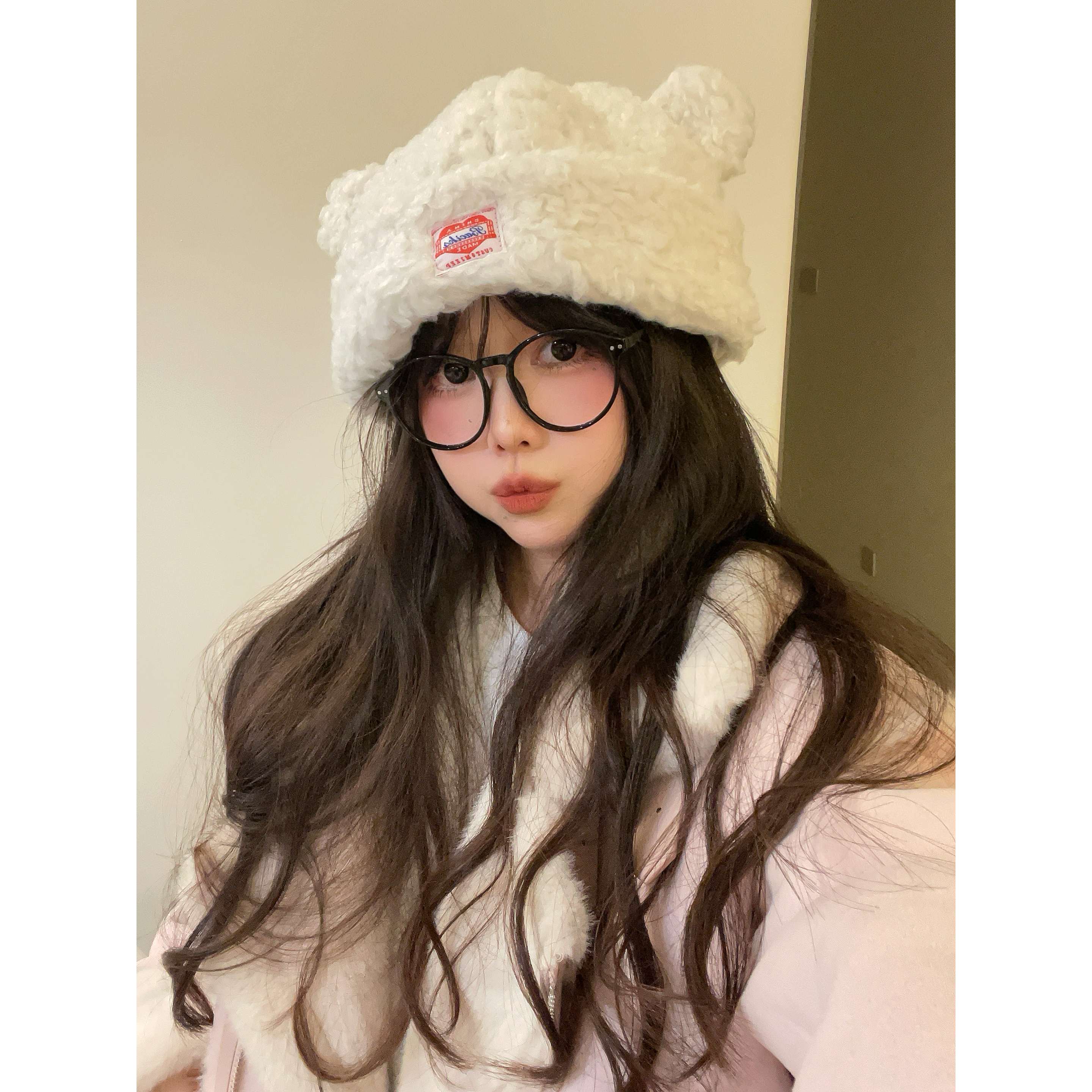 韩版可爱羊羔毛小熊耳朵套头帽子女秋冬季加厚保暖套头包头盆帽潮