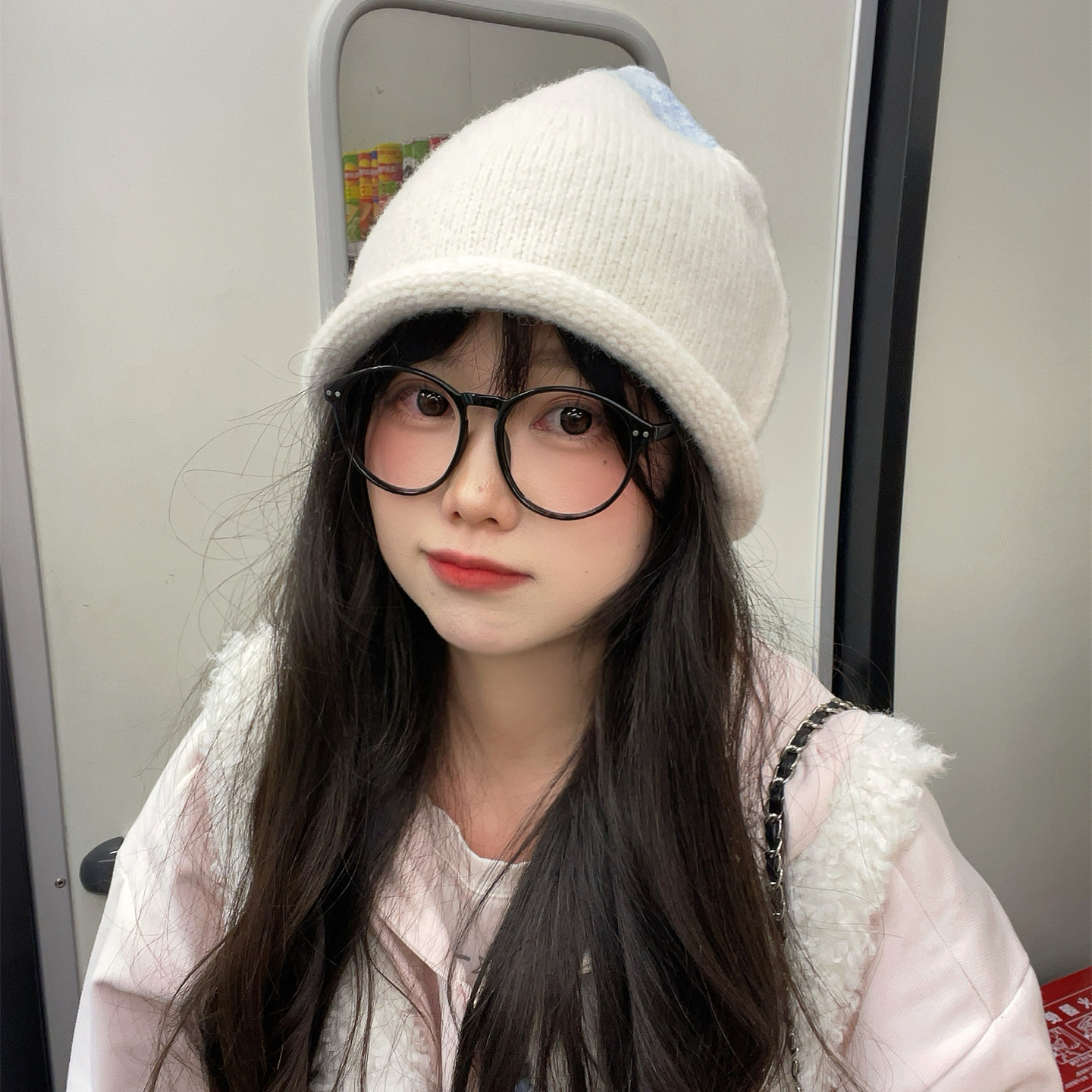 可爱拼色针织帽子冬季休闲百搭套头帽女减龄百搭显脸小卷边毛线帽