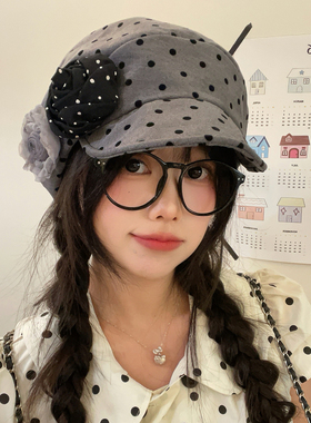 灰色波点玫瑰花翻檐八角帽百搭女