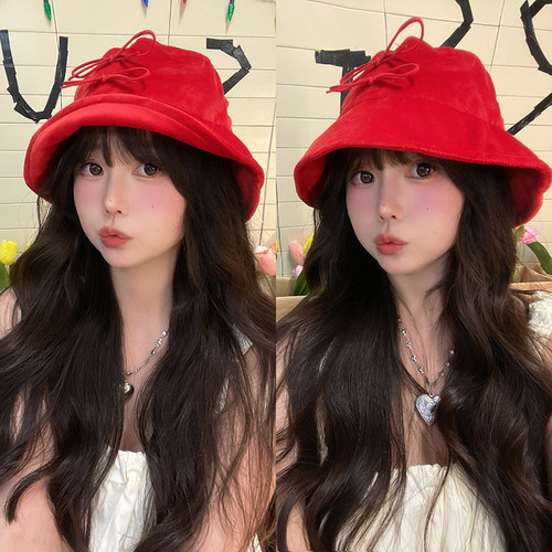 盆帽出游甜美女夏短檐红色亮眼
