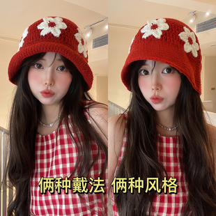 亚麻棉线花朵手工针织渔夫帽镂空毛线帽盆帽女潮 韩国小众设计师款