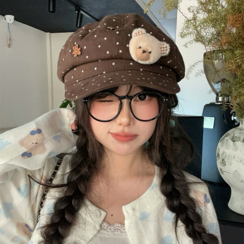 可爱立体小熊星星八角帽显脸小女