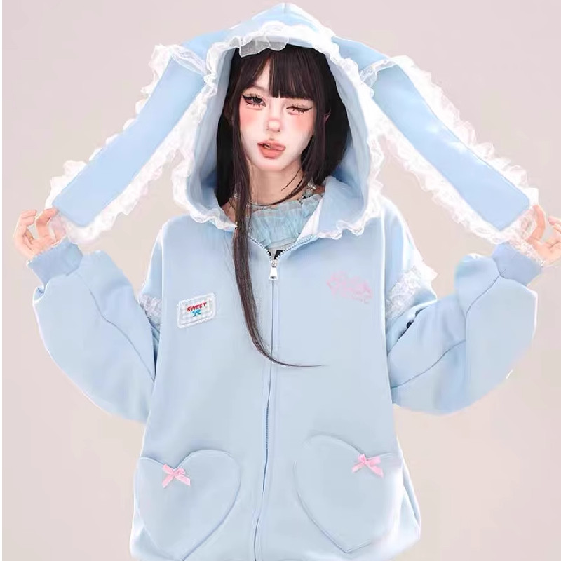 甜美刺绣兔耳花边拉链连帽卫衣秋冬季可爱宽松百搭ins超火外套女
