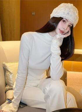 KUN【奶油枫糖】米白色半高领内搭打底衫女长袖假两件针织衫上衣