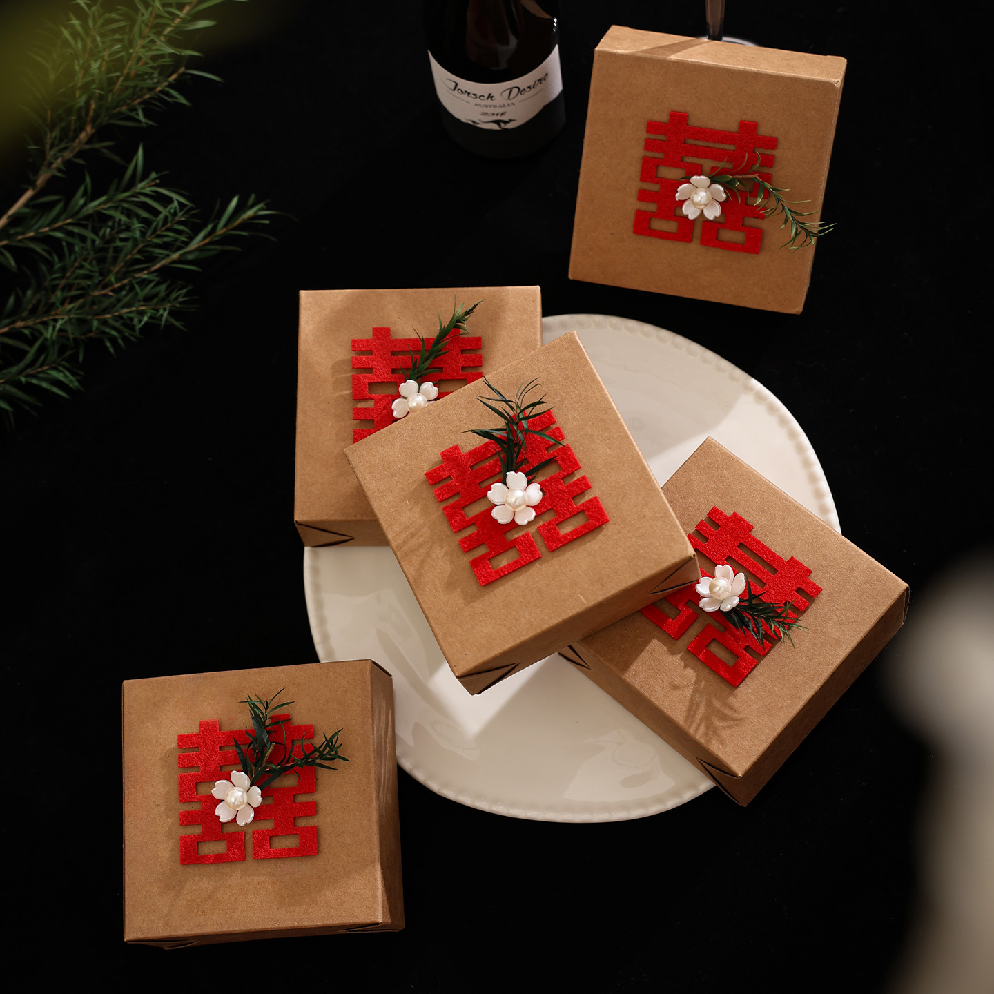 中式喜字糖盒婚礼结婚牛皮纸包装盒珍珠花朵装饰婚庆用品