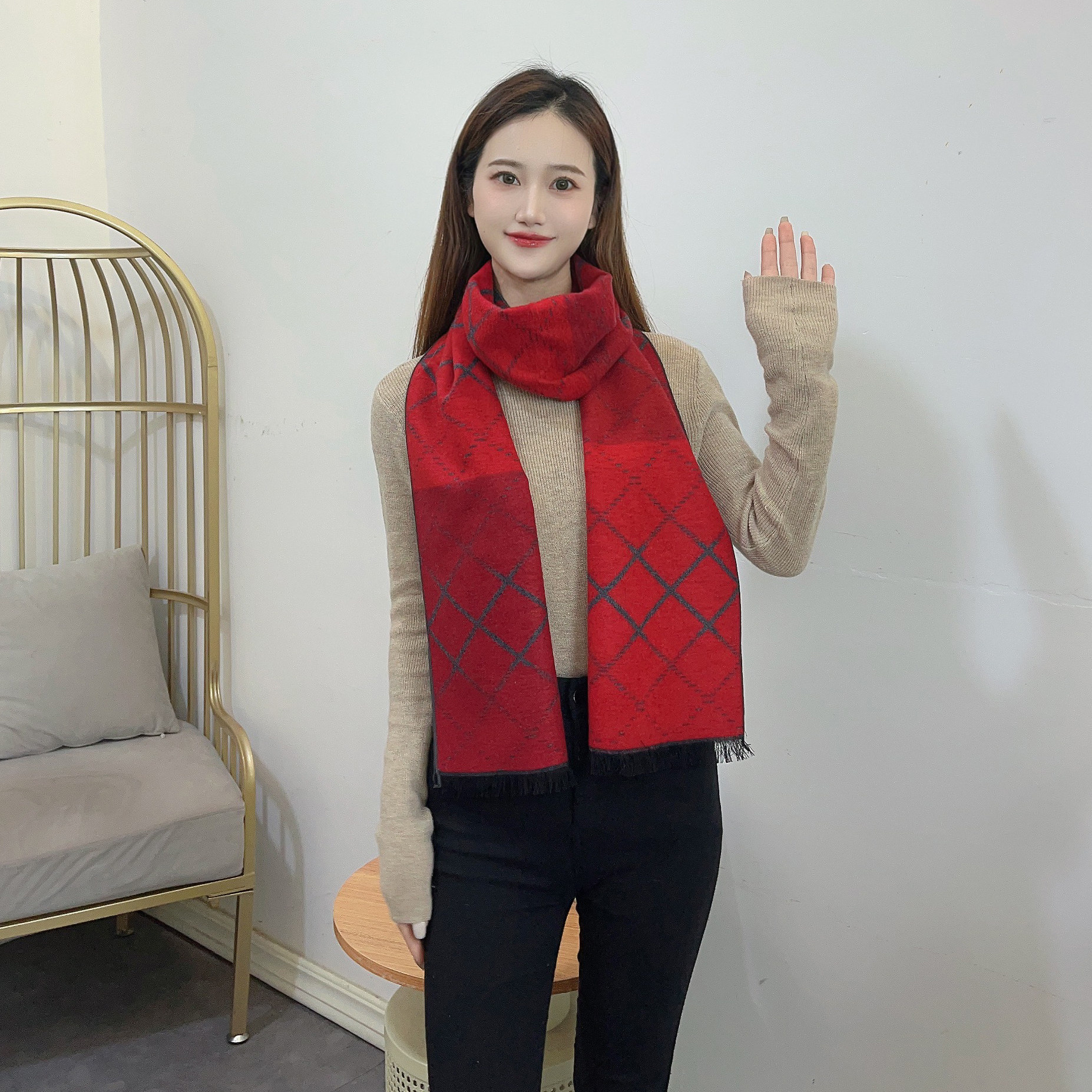 都锦生蚕丝绒围巾双面双色加厚保暖长丝巾礼盒装秋冬加厚真丝男女