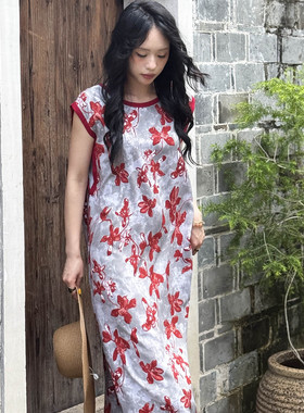 女士夏天睡裙成人棉绸无袖连衣裙绵绸法式复古家居服可外穿夏季薄