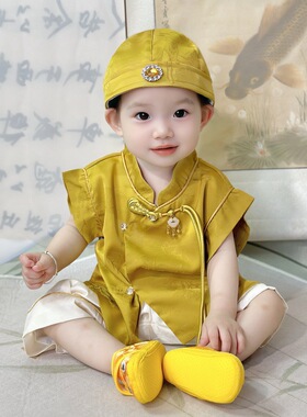 周岁礼服男宝宝薄款套装夏季男童抓周宴生日婴儿新中式风红色衣服