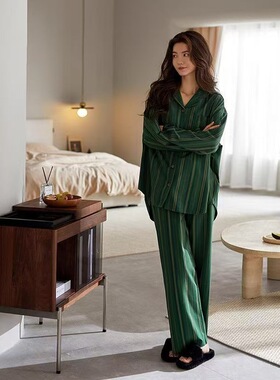 2025春夏季新款睡衣女薄长袖纯棉绿色条纹高级感可外穿家居服套装