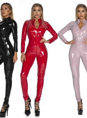漆皮镜面搜查官套装精品紧身连体漆皮亮皮大码54xl200斤塑身内衣