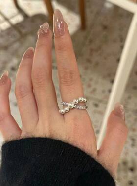 珍珠锆石戒指女轻奢小众设计感高级感交叉指环