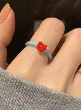 小众法式复古红色爱心珐琅戒指女简约气质高级感开口可调节指环