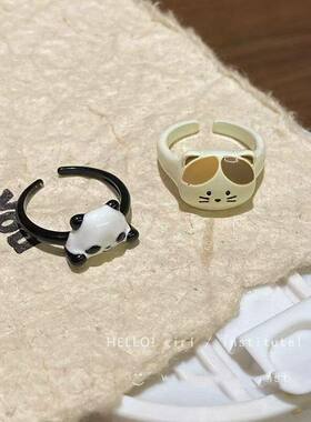 可爱卡通熊猫猫咪开口戒指女可调节指环萌系饰品独特设计感个性