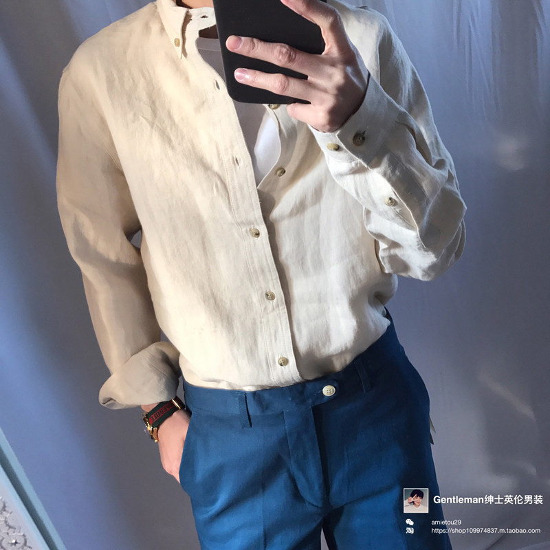 春夏季浅杏色米白色棉麻衬衫男薄款修身韩版亚麻休闲长袖小领衬衫