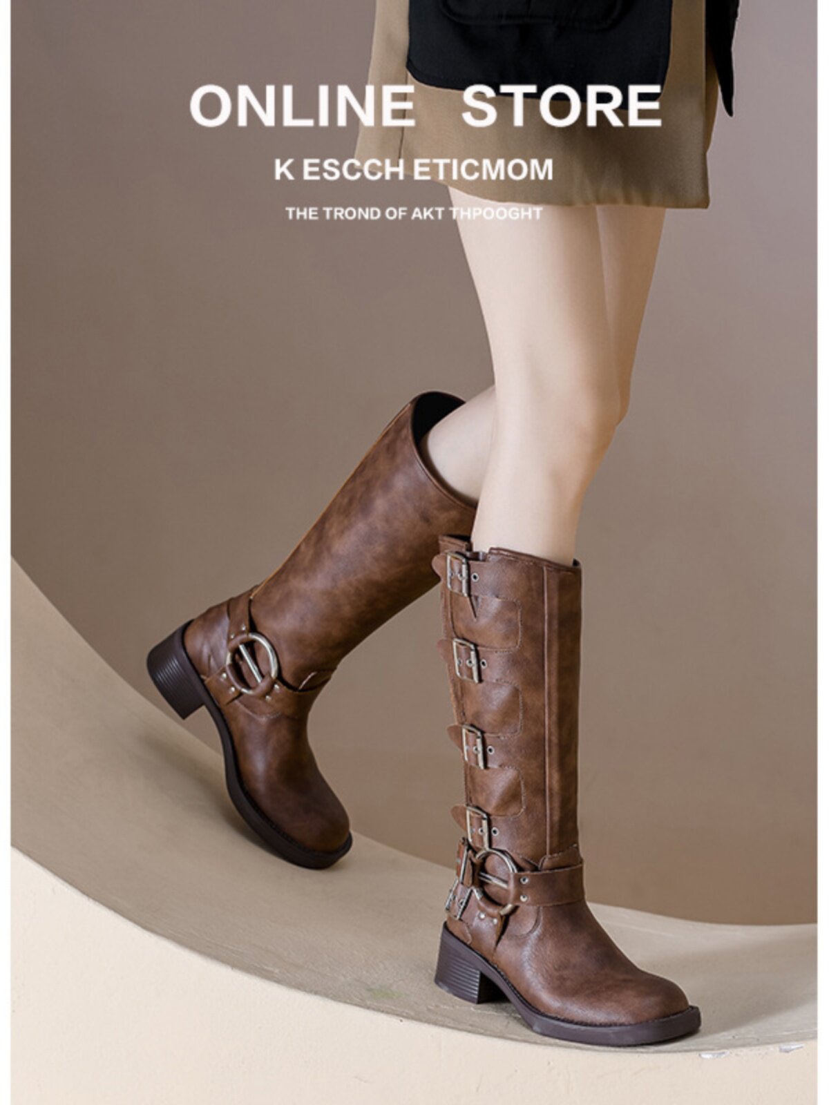 CATWALK 스타일 벨트 버클 두꺼운 힐 와이드 레그 나이트 부츠 여성  가죽 두꺼운 레그 스트레이트 부츠 레트로 웨스턴 부츠 하이