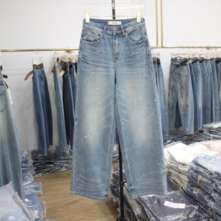 艾拿95190蓝色水洗泼漆点高腰宽松直筒牛仔裤2026年春季女十分裤