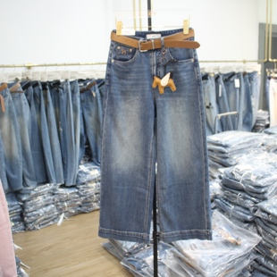 显瘦阔腿七分裤 女装 2026年夏季 艾拿58013蓝色水洗宽松直筒牛仔裤