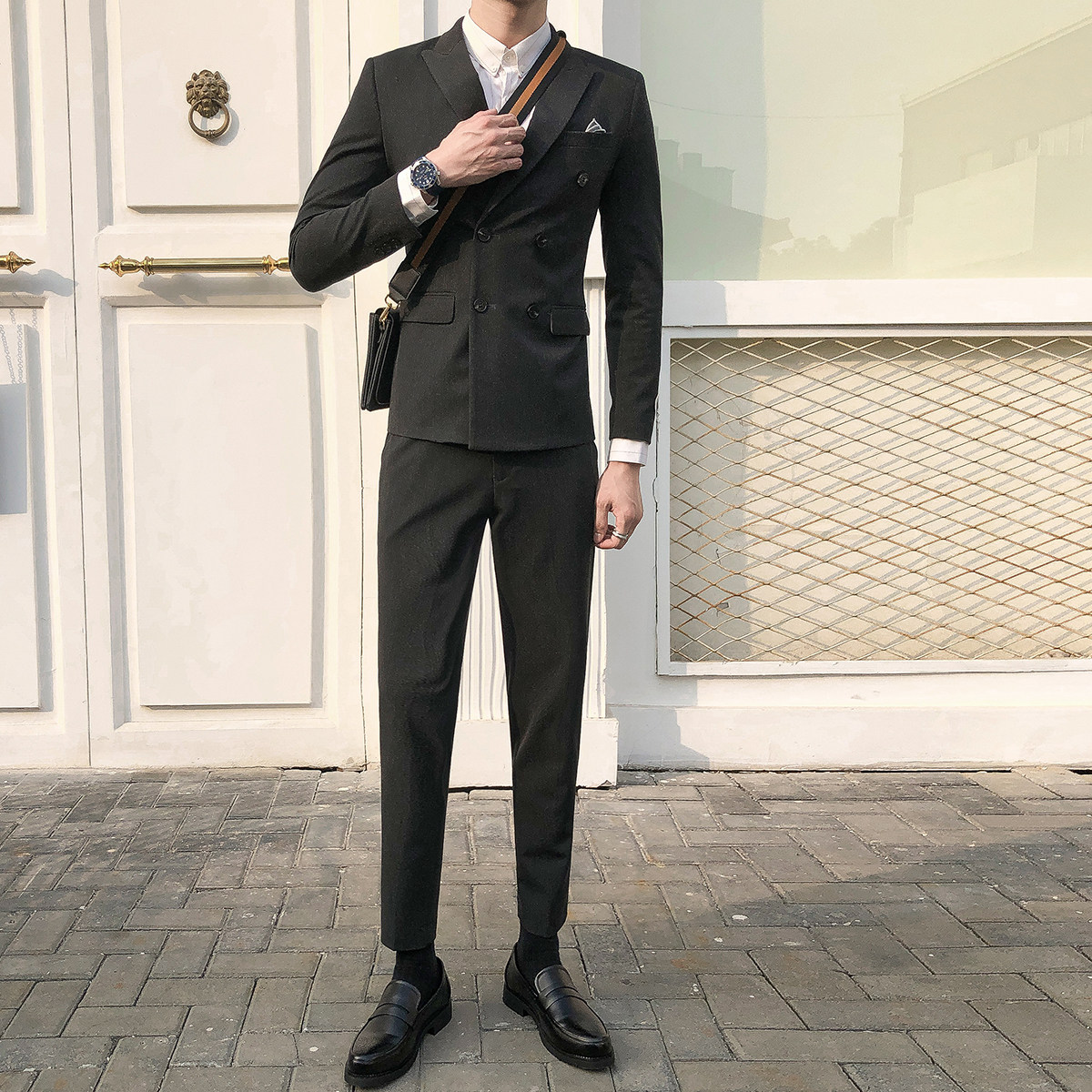 MENS BRITISH SMALL SUIT TREND SLIM KOREAN CASUAL DOUBLE-BREASTED SUIT SUIT MENS BUSINESS TWO-PIECE SUIT