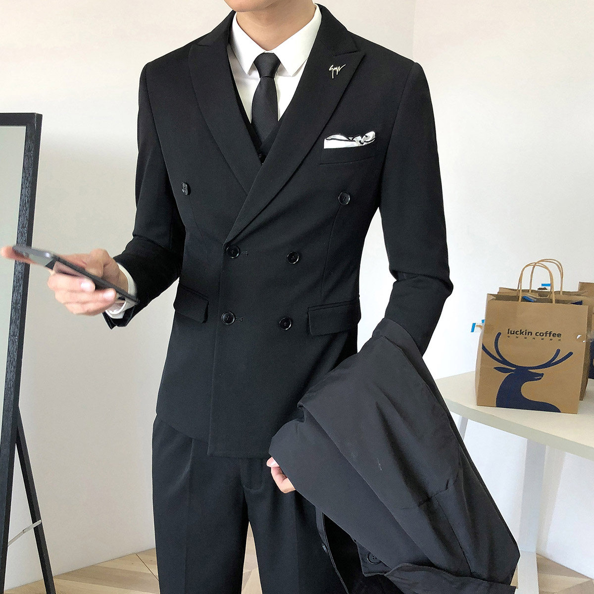 KOREAN VERSION OF DOUBLE-BREASTED SUIT SUIT MENS CASUAL RUFFIAN SLIM WEDDING DRESS BUSINESS FORMAL SUIT THREE-PIECE SUIT