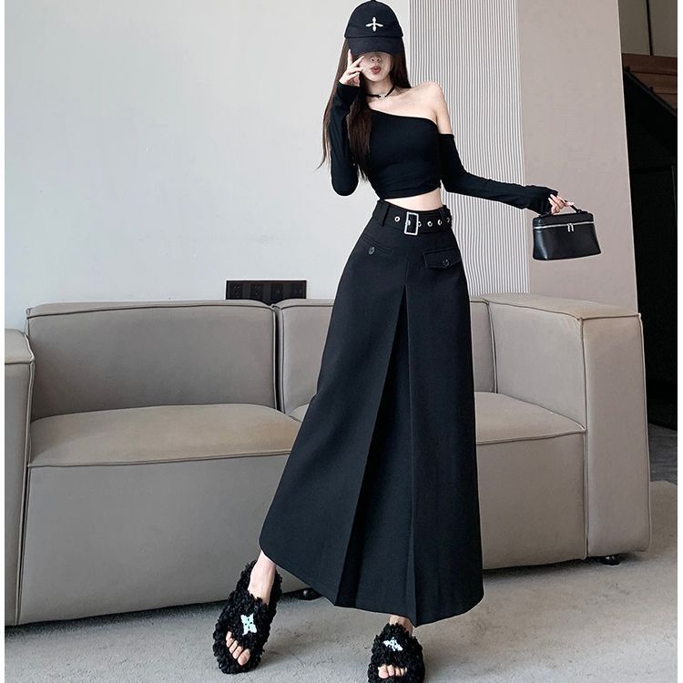褶皱西装半身裙秋冬季2025新款高腰时尚长款a字裙显瘦百搭