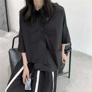 夏季新款不规则七分袖白色衬衫女2025宽松百搭潮流学生短袖上衣女