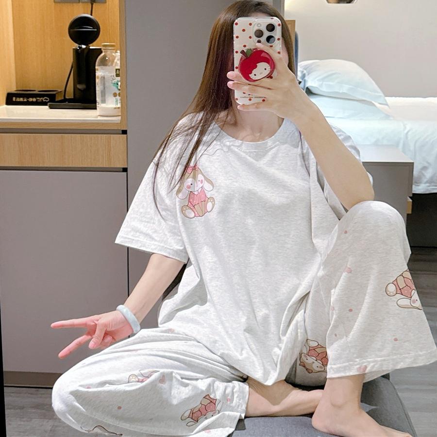 短袖睡衣女春夏甜美可爱卡通家居服宽松大码胖mm200斤长裤套装