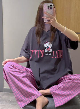 日系短袖睡衣女夏甜美字母猫咪印花家居服大码200斤格子长裤套装