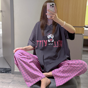 日系短袖睡衣女夏甜美字母猫咪印花家居服大码200斤格子长裤套装