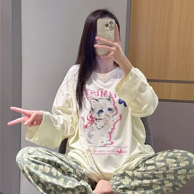 长袖睡衣女春秋纯棉可爱猫咪家居服大码胖妹妹200斤束脚长裤套装