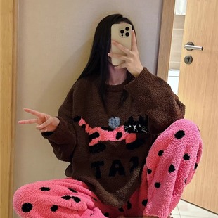 加厚软绵绵睡衣女冬可爱猫咪半边绒家居服大码胖mm200斤保暖套装