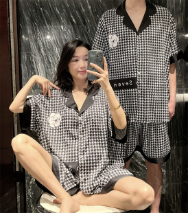网红ins短袖 情侣睡衣薄款 冰丝家居服仿真丝丝绸大码 胖mm200斤套装