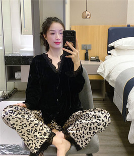 V领花边睡衣女秋冬金丝绒家居服性感显瘦豹纹大码胖mm200斤套装春