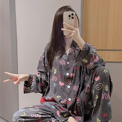 V领开衫睡衣女春秋纯棉可爱笑脸趣味印花家居服大码胖mm200斤套装
