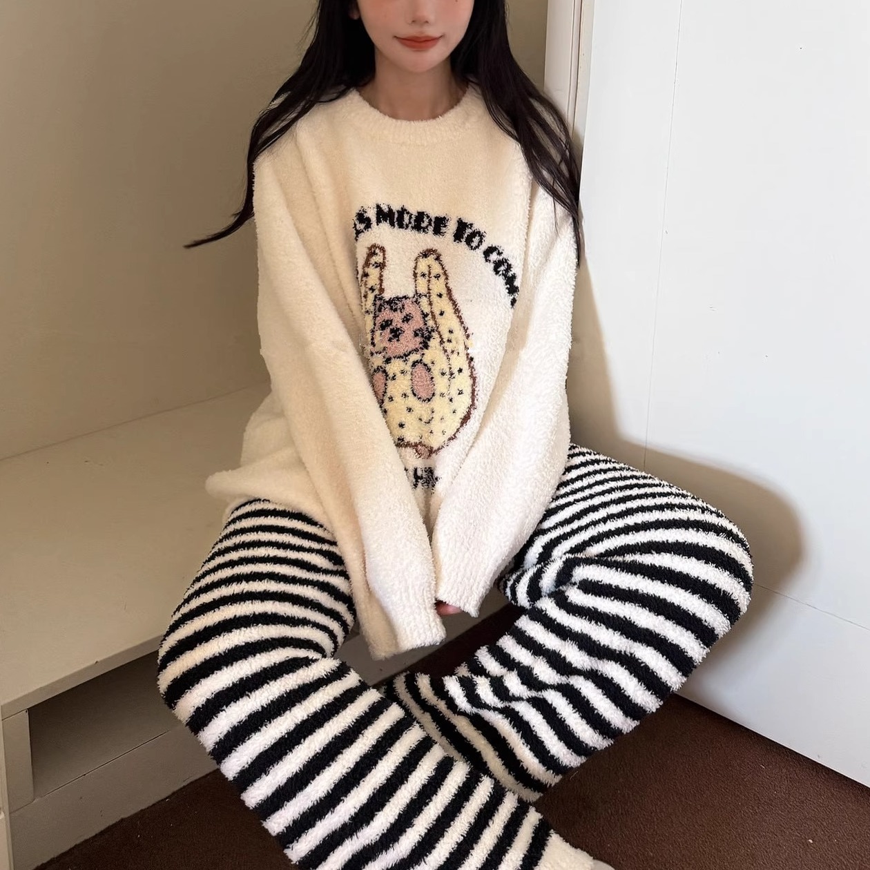 日系加厚半边绒睡衣卡通猫咪软绵绵显瘦条纹套装女秋冬保暖套装