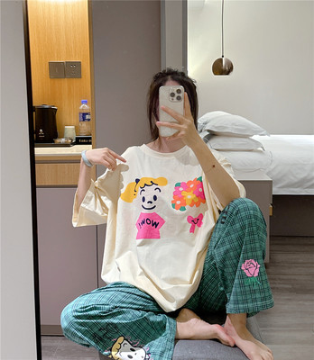 网红短袖睡衣女夏可爱女孩印花家居服大码胖mm200斤格子长裤套装