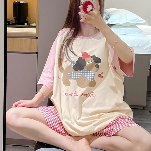 短袖睡衣女夏天薄款纯棉樱桃小狗印花家居服大码胖mm格子短裤套装