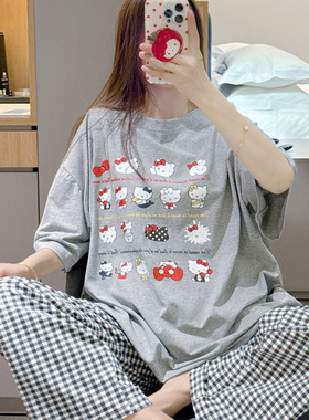 短袖睡衣女夏纯棉可爱猫咪印花家居服大码胖mm200斤格子长裤套装