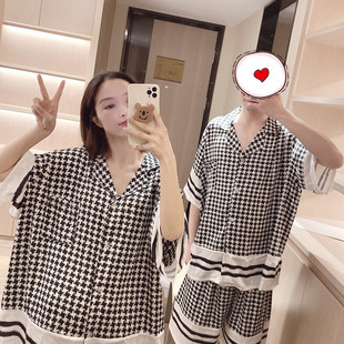 200斤套装 夏季 冰丝千鸟格家居服大码 网红ins慵懒情侣短袖 睡衣薄款